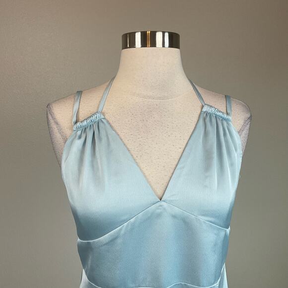 Satin Cut Out Back Evening Gown Blue Size 10 Thigh Slit Long Formal by AQUA - Picture 6 of 10